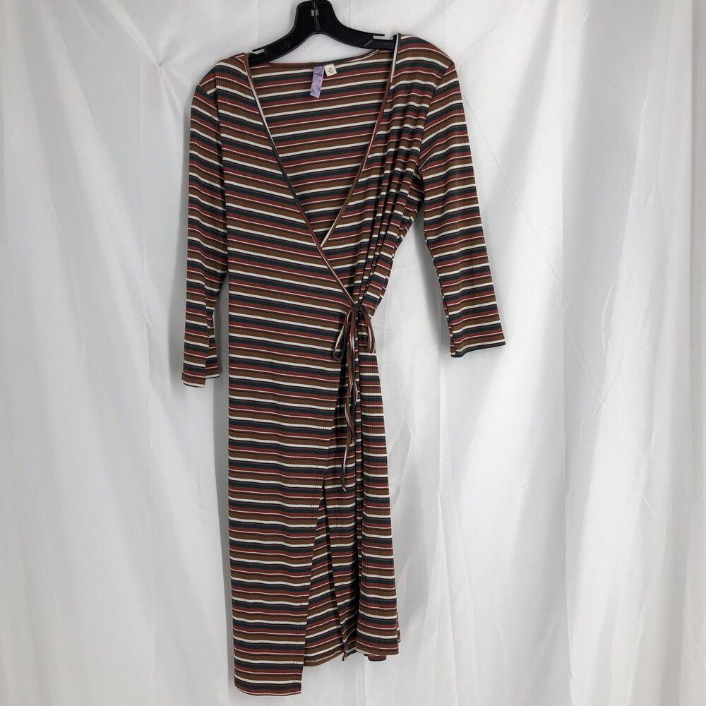 Francesca's Alya Brown/Rust/Ivory/Teal Striped Ribbed Knit Wrap Dress - Medium